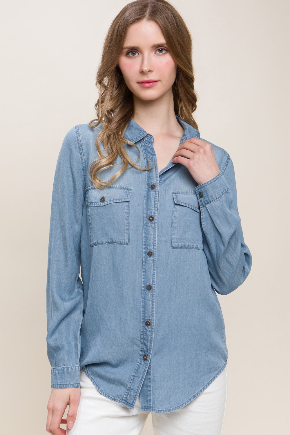 Love Tree Scooped Hem Button Up Denim Shirt-Angel Casuals