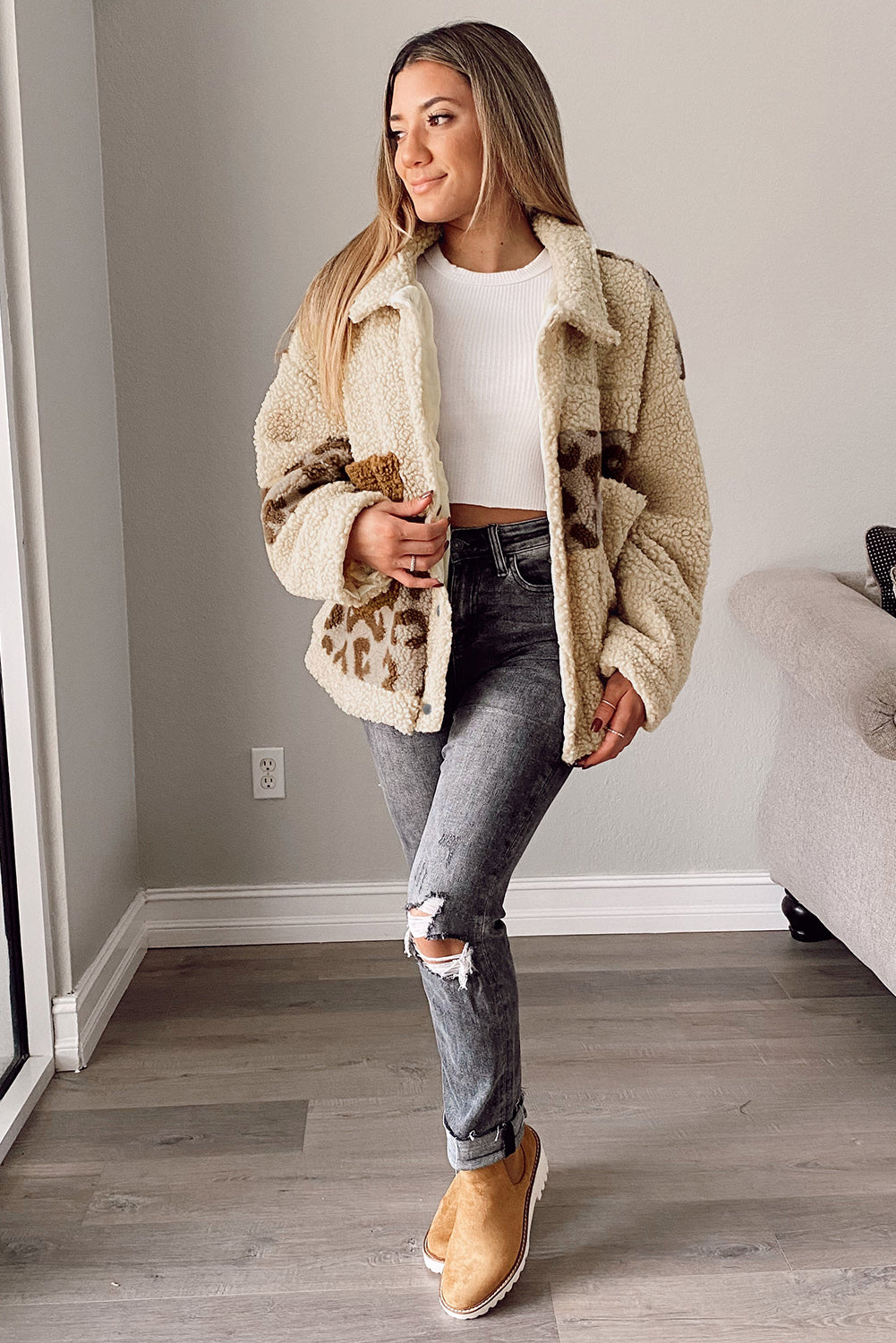Pocketed Leopard Collared Neck Sherpa Jacket-Angel Casuals