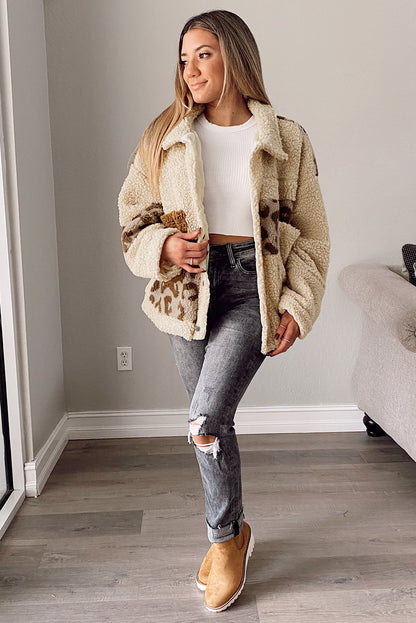 Pocketed Leopard Collared Neck Sherpa Jacket-Angel Casuals
