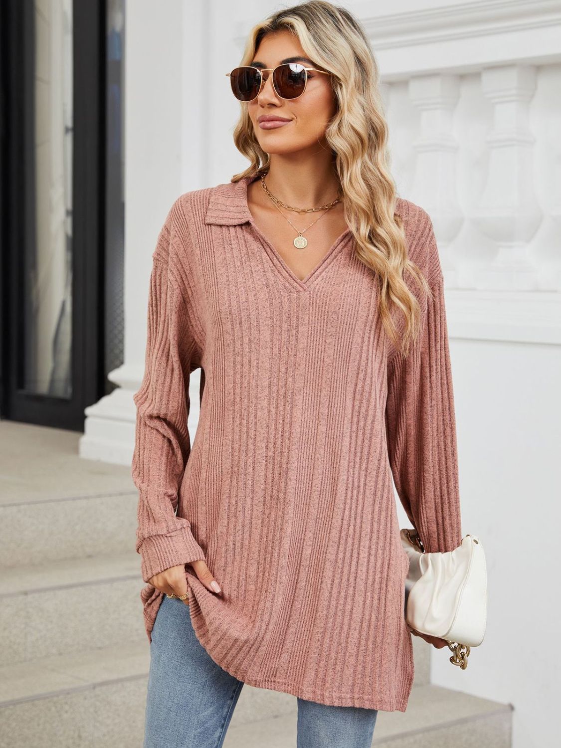Slit Johnny Collar Long Sleeve T-Shirt-Angel Casuals