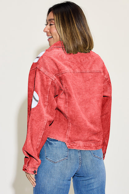 Baseball Sequin Dropped Shoulder Raw Hem Jacket-Angel Casuals