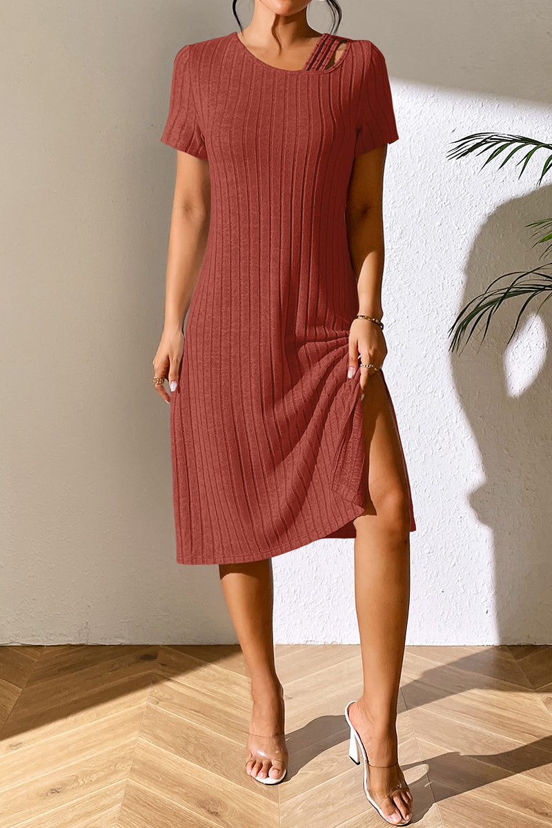 Ribbed Asymmetrical Neck Short Sleeve Dress-Angel Casuals