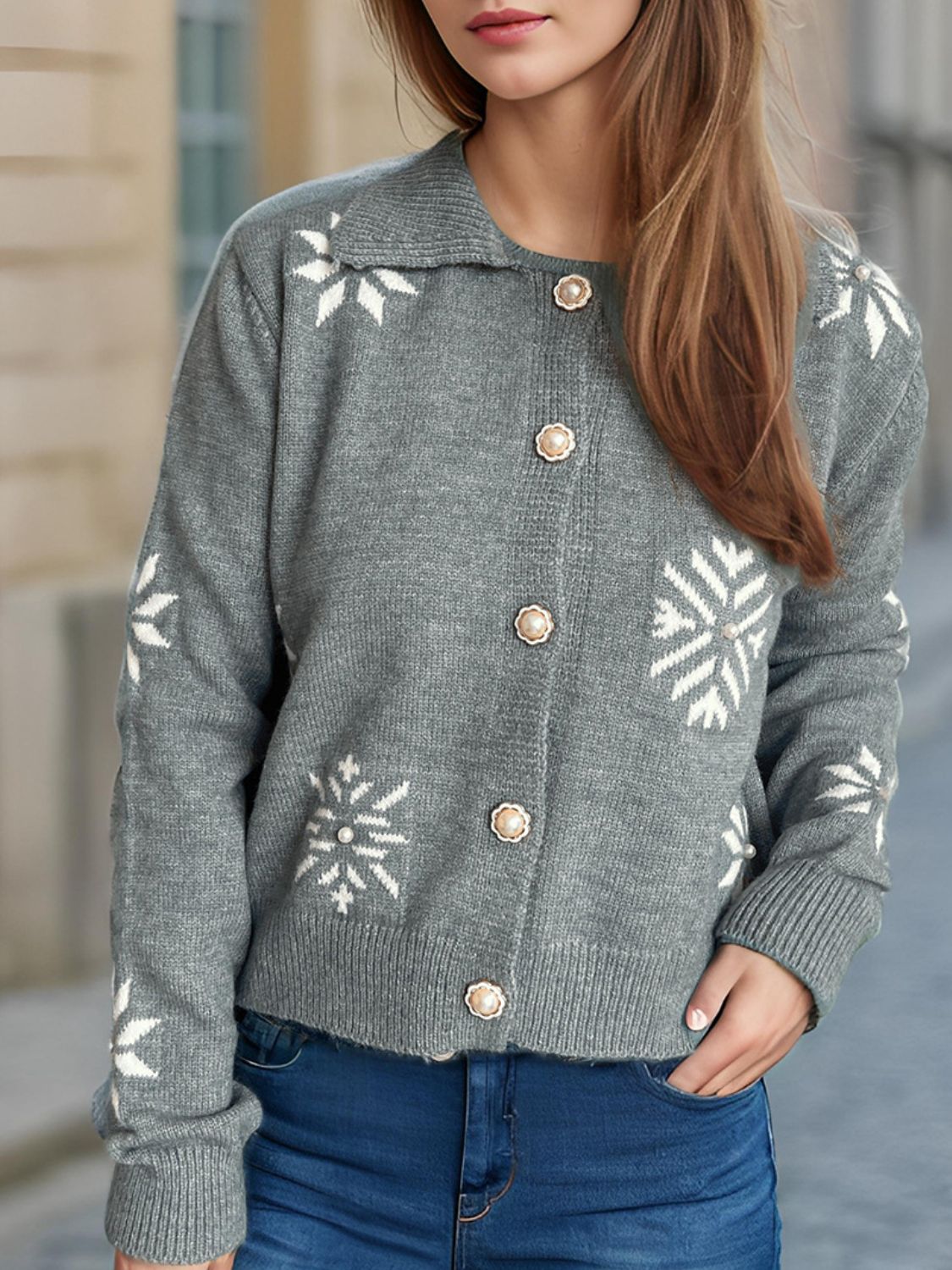 Pearl Trim Collared Neck Long Sleeve Cardigan-Angel Casuals