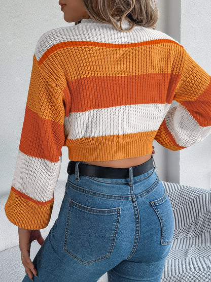 Color Block Round Neck Cropped Sweater-Angel Casuals