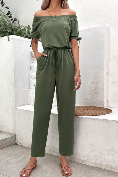 Off-Shoulder Tie Cuff Jumpsuit with Pockets-Angel Casuals