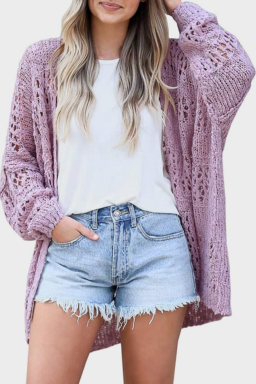 Openwork Open Front Long Sleeve Cardigan-Angel Casuals
