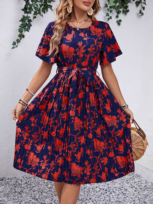 Printed Round Neck Short Sleeve Dress-Angel Casuals