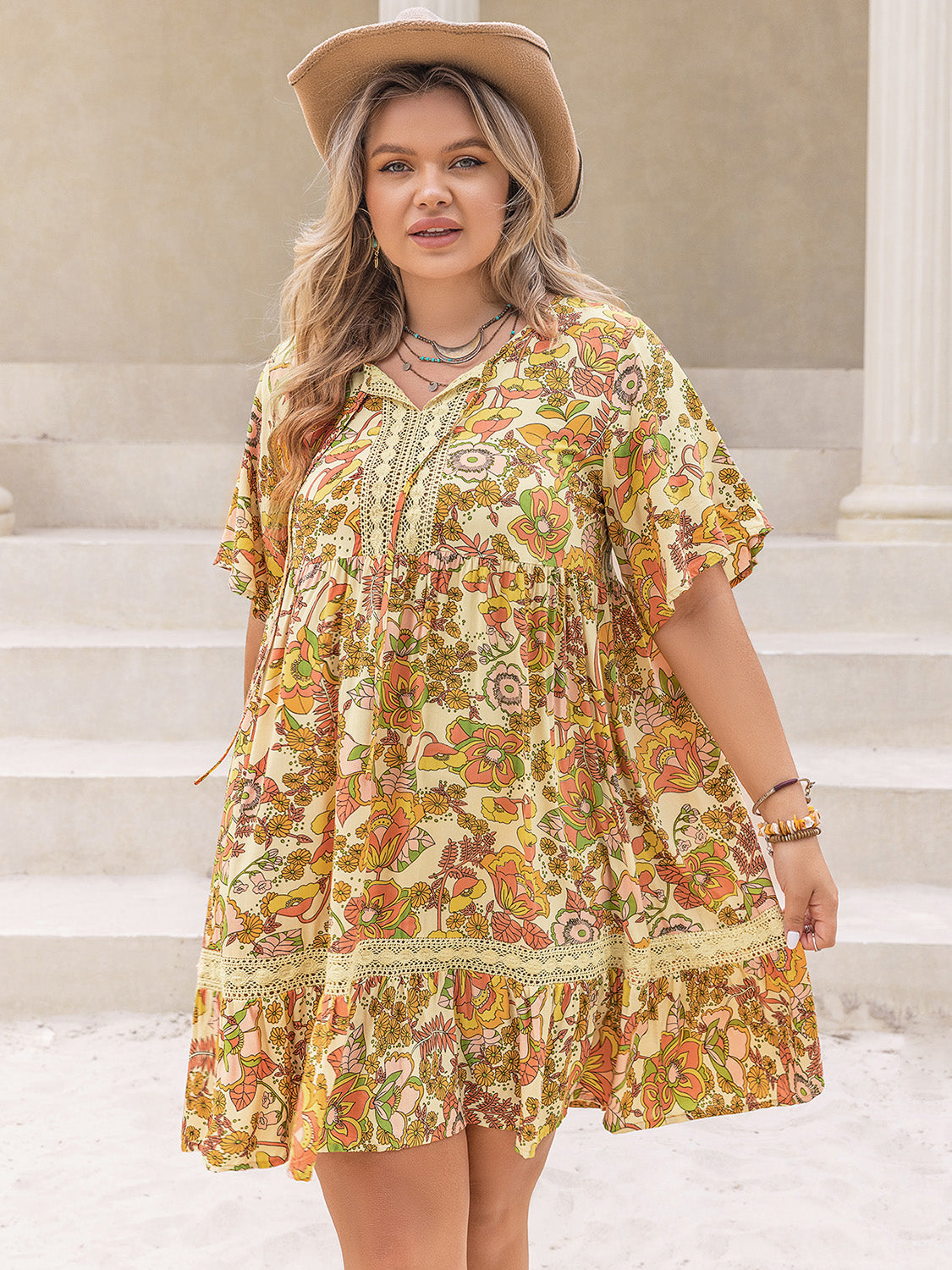 Plus Size Printed Tie Neck Short Sleeve Mini Dress-Angel Casuals