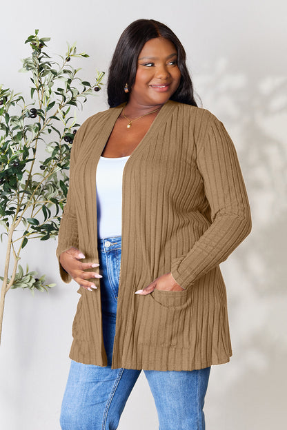 Basic Bae Full Size Ribbed Open Front Cardigan with Pockets-Angel Casuals