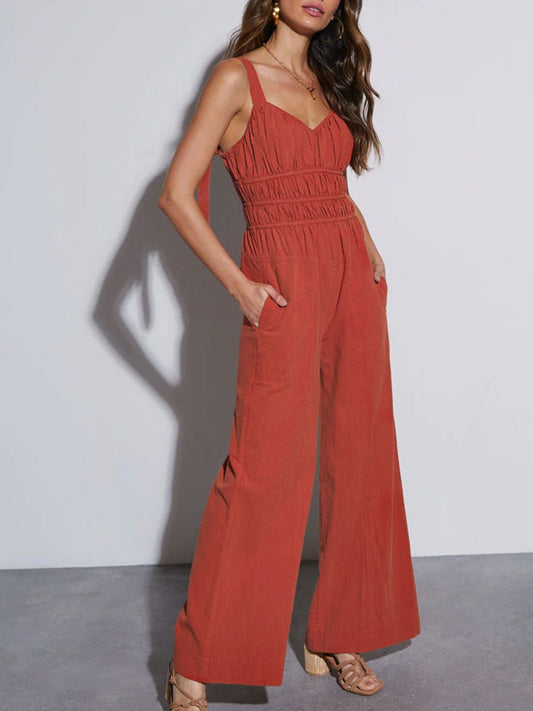 Perfee Ruched Wide Strap Jumpsuit with Pockets-Angel Casuals