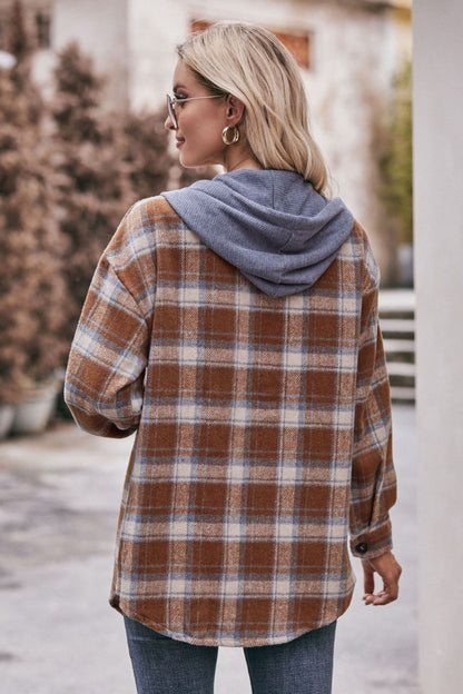 Plaid Dropped Shoulder Hooded Longline Jacket-Angel Casuals