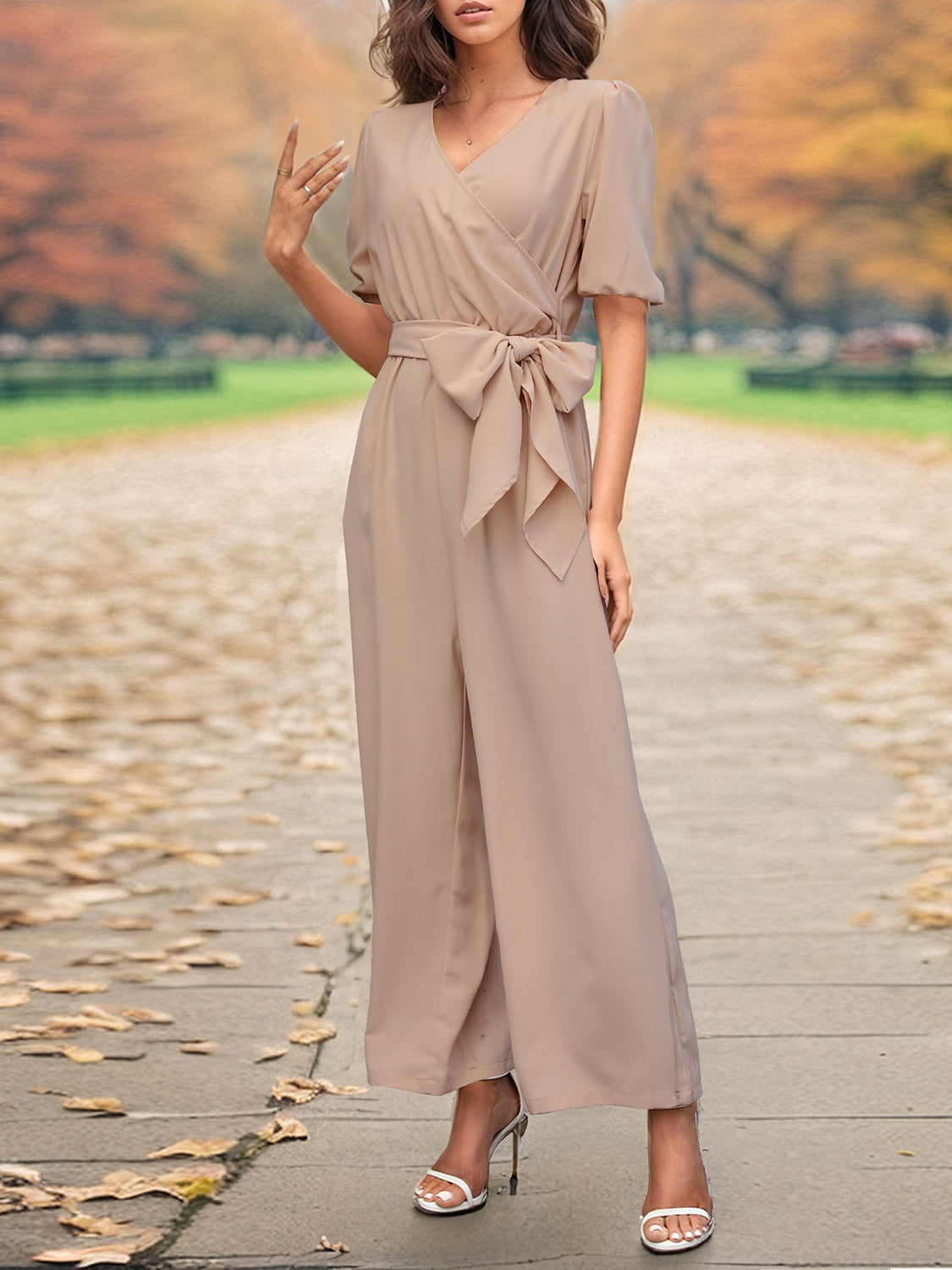 Tied Short Sleeve Wide Leg Jumpsuit-Angel Casuals