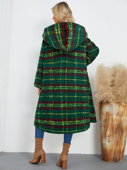 Plaid Long Sleeve Hooded Coat with Pockets-Angel Casuals