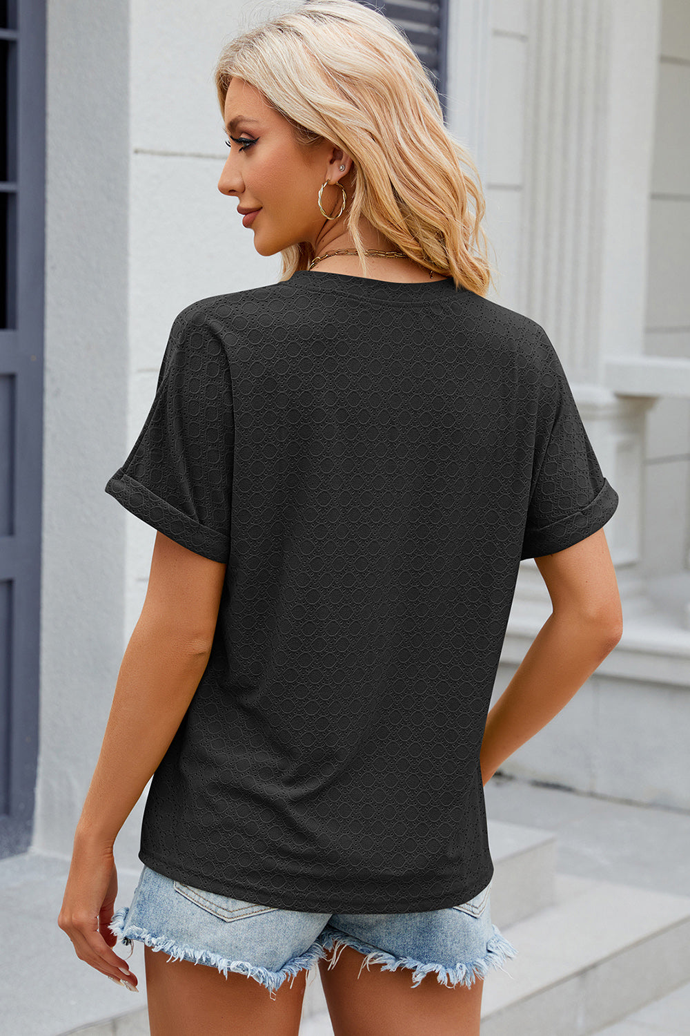Eyelet Notched Short Sleeve T-Shirt-Angel Casuals