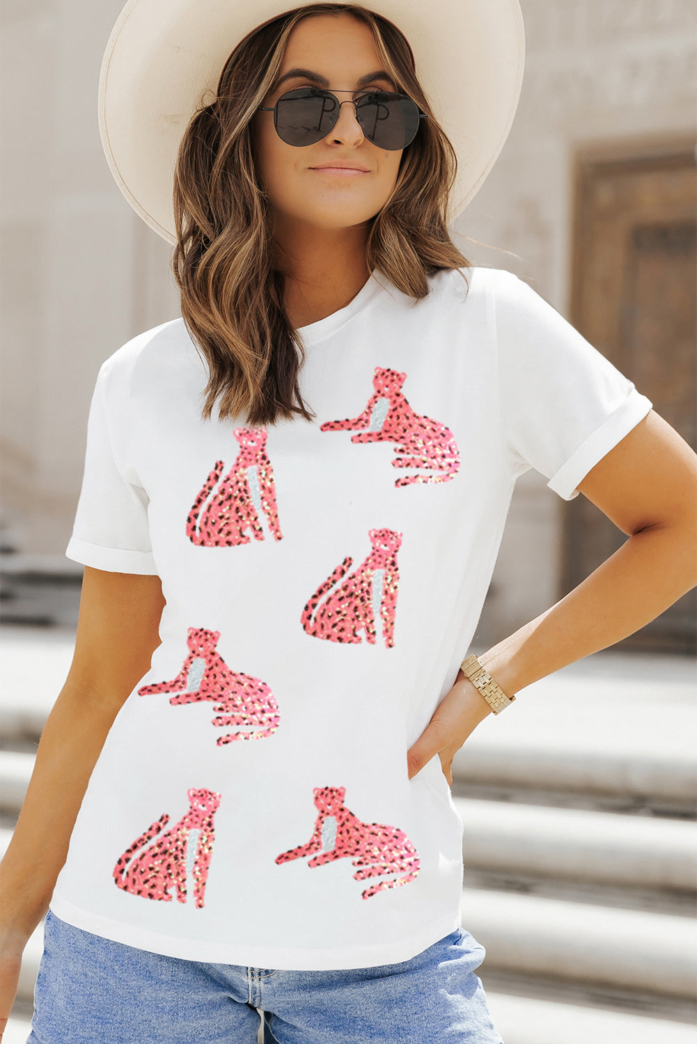 Sequin Leopard Round Neck Short Sleeve T-Shirt-Angel Casuals
