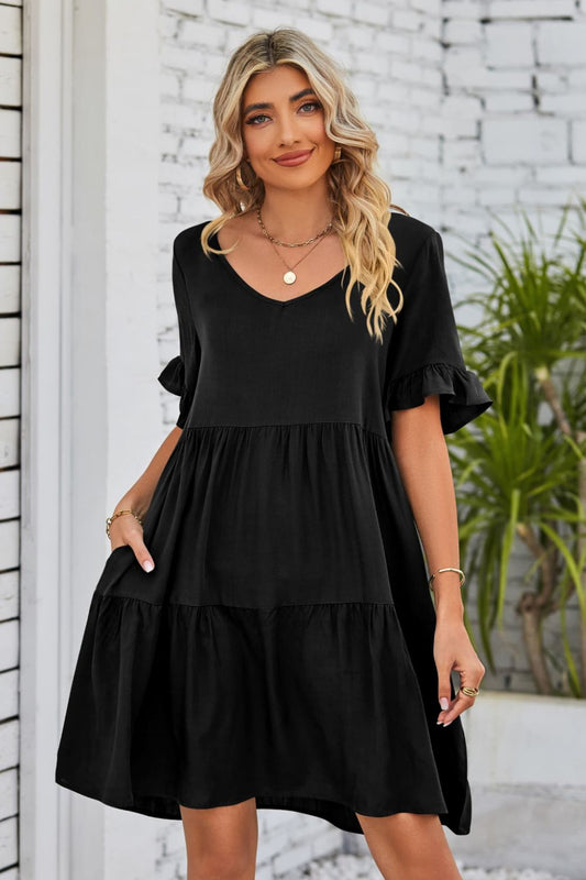 V-Neck Flounce Sleeve Tiered Dress-Angel Casuals