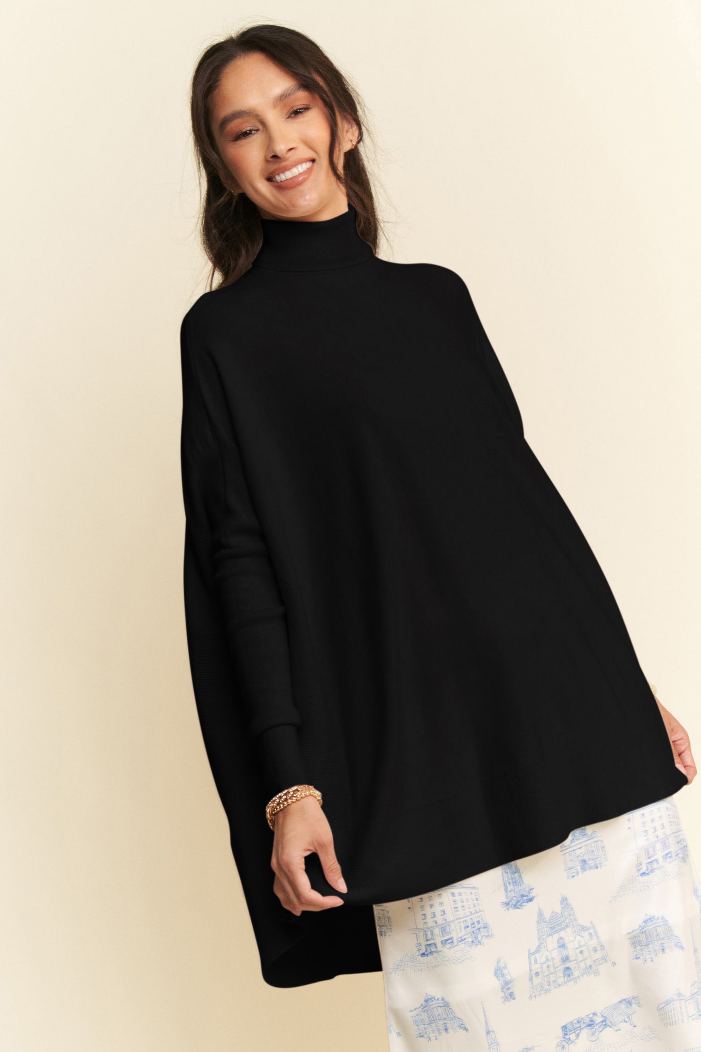 Davi & Dani High-Low Turtleneck Long Sleeve Knit Top-Angel Casuals