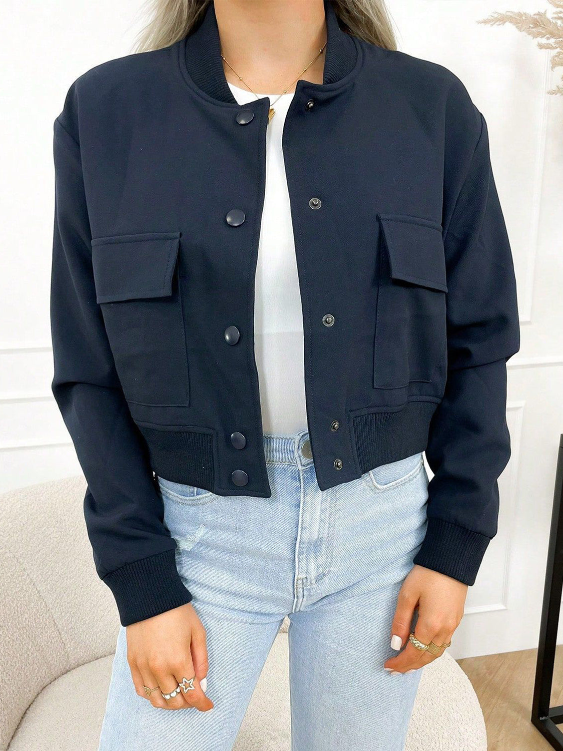Pocketed Snap Down Baseball Collar Jacket-Angel Casuals