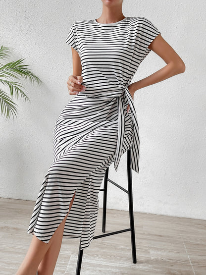 Tied Striped Round Neck Short Sleeve Tee Dress-Angel Casuals