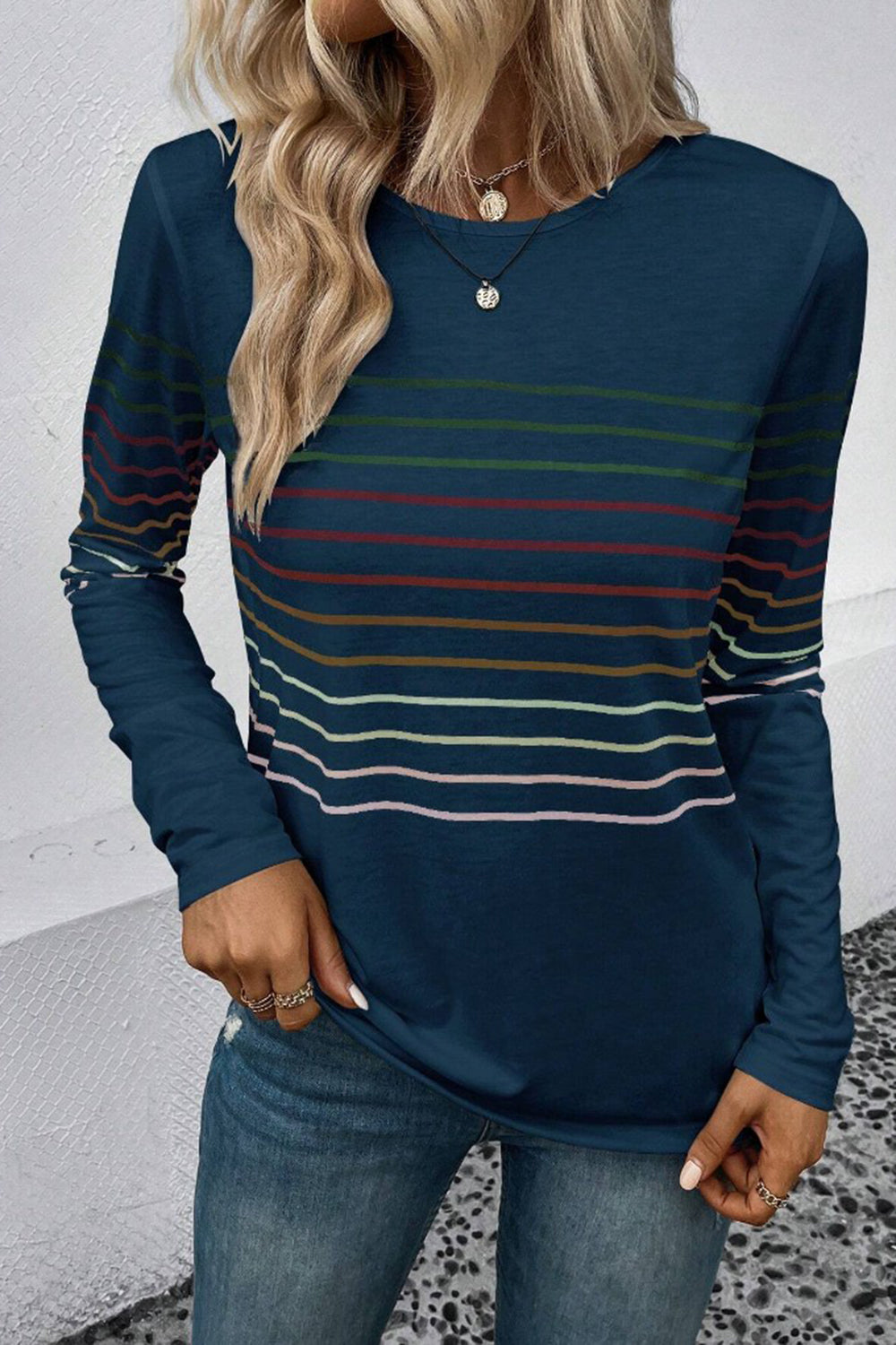 Striped Round Neck Long Sleeve T-Shirt-Angel Casuals
