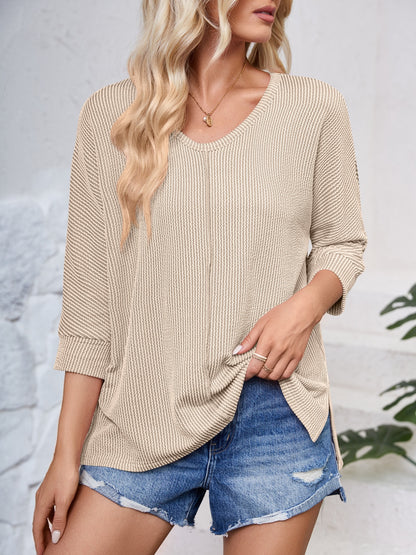 Textured Round Neck Three-Quarter Sleeve Blouse-Angel Casuals