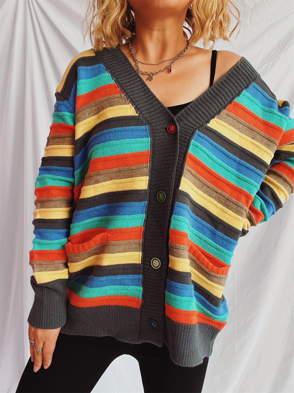 Contrast Stripes Button Up Long Sleeve Cardigan-Angel Casuals