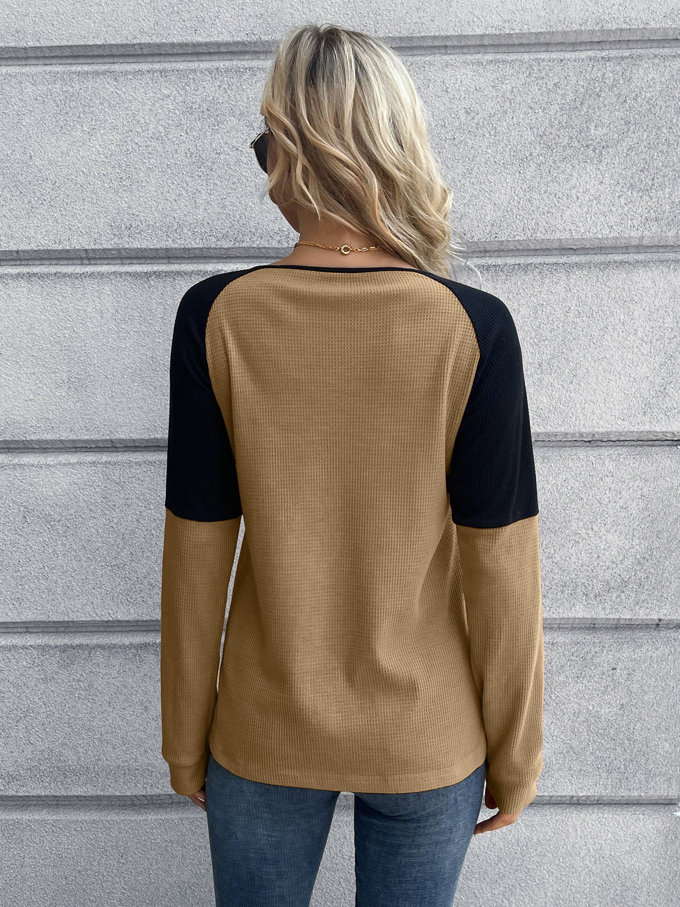 Contrast Buttoned Round Neck Raglan Sleeve Top-Angel Casuals