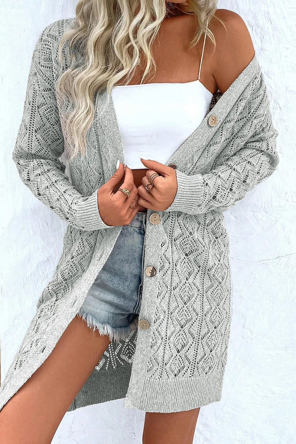 Openwork Button Down Long Sleeve Cardigan-Angel Casuals