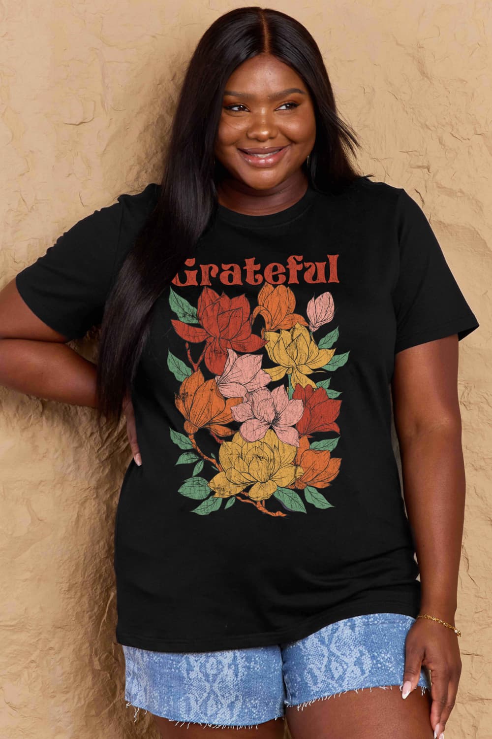 Simply Love Full Size GRATEFUL Flower Graphic Cotton T-Shirt-Angel Casuals