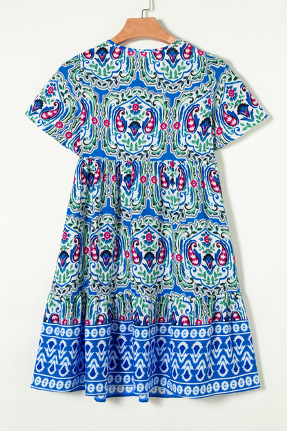 Printed Tie Neck Short Sleeve Dress-Angel Casuals