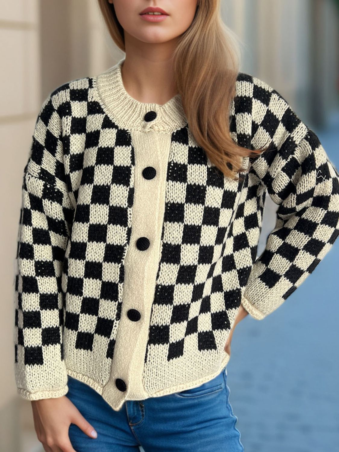 Checkered Button Up Round Neck Cardigan-Angel Casuals