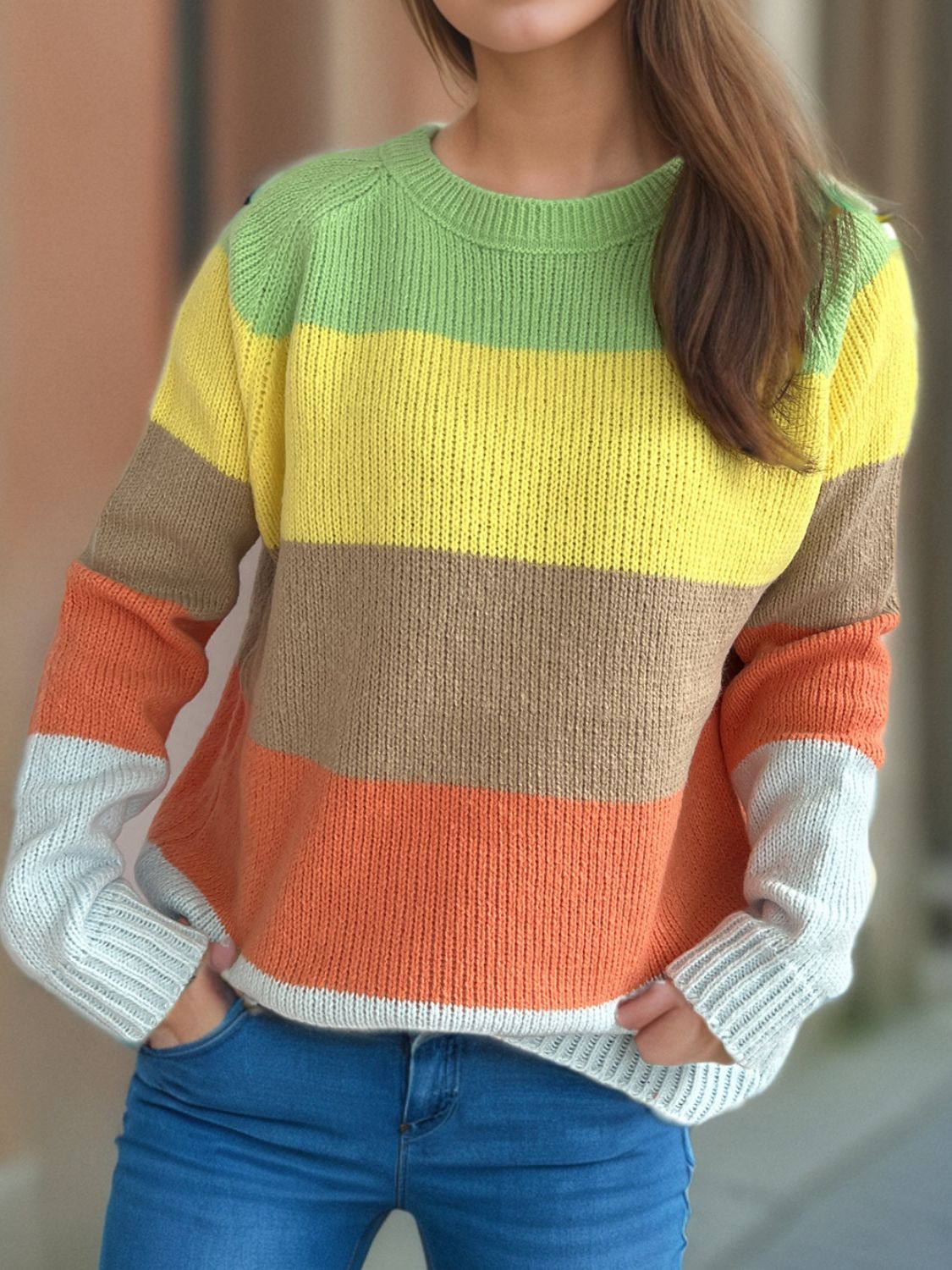 Color Block Round Neck Long Sleeve Sweater-Angel Casuals