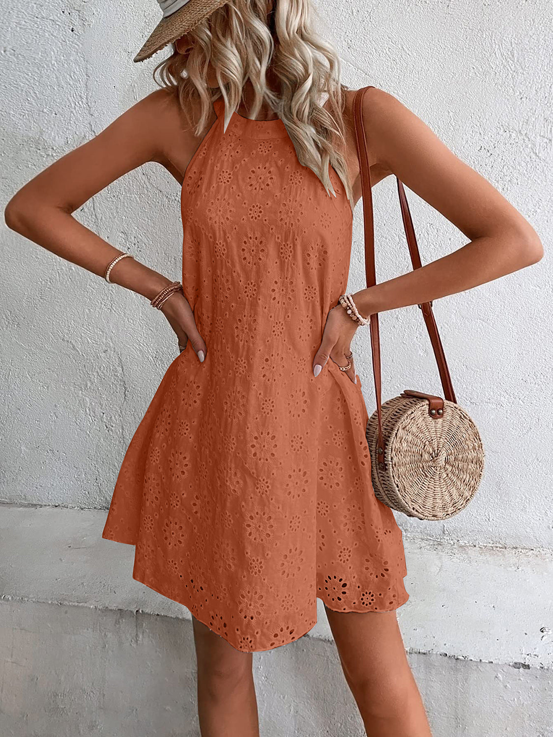 Eyelet Grecian Neck Mini Dress-Angel Casuals