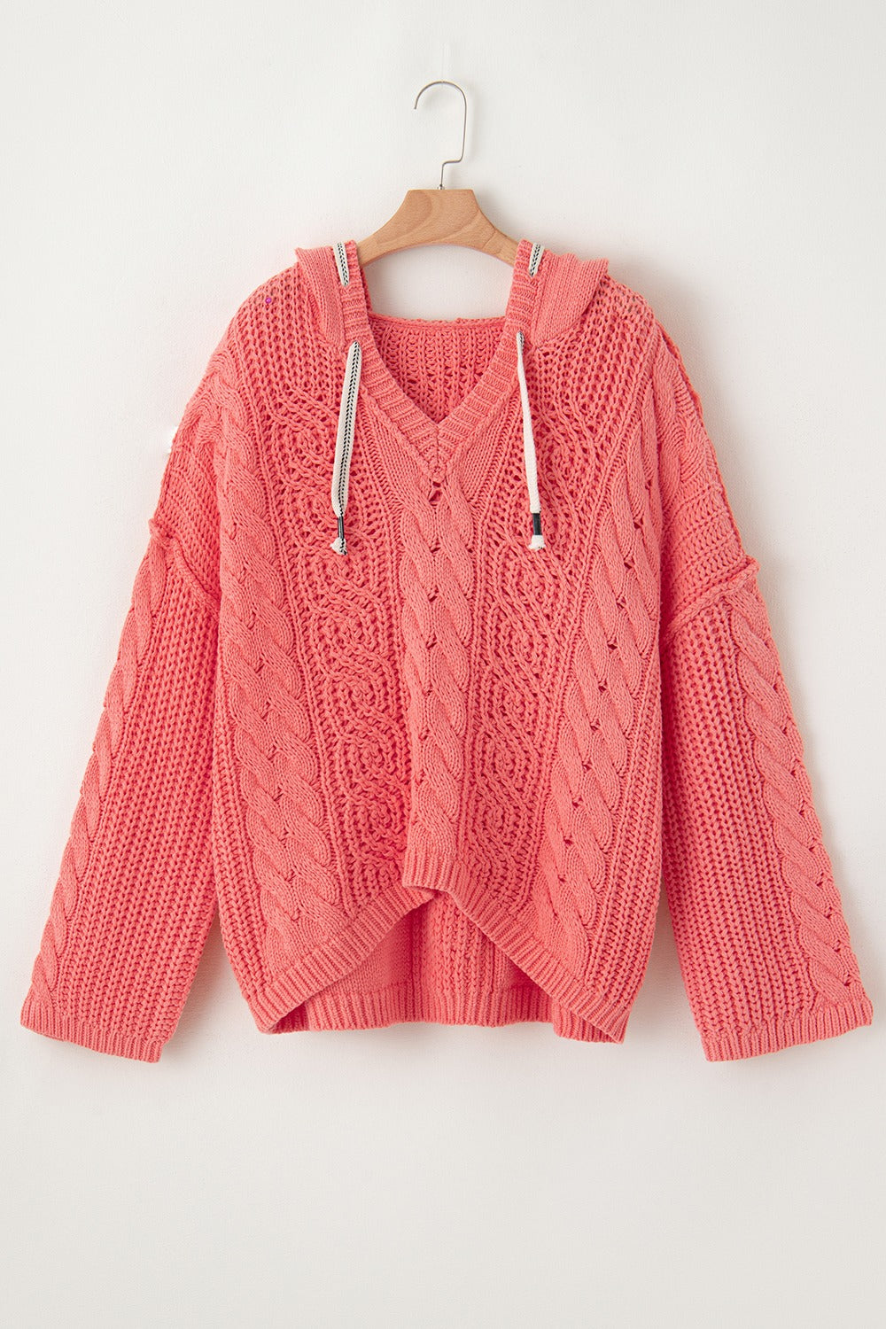 Drawstring Cable-Knit Hooded Sweater-Angel Casuals