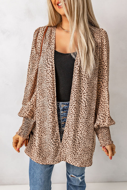 Leopard Print Balloon Sleeve Cardigan-Angel Casuals