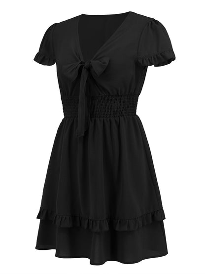 Tied V-Neck Tiered Mini Dress-Angel Casuals