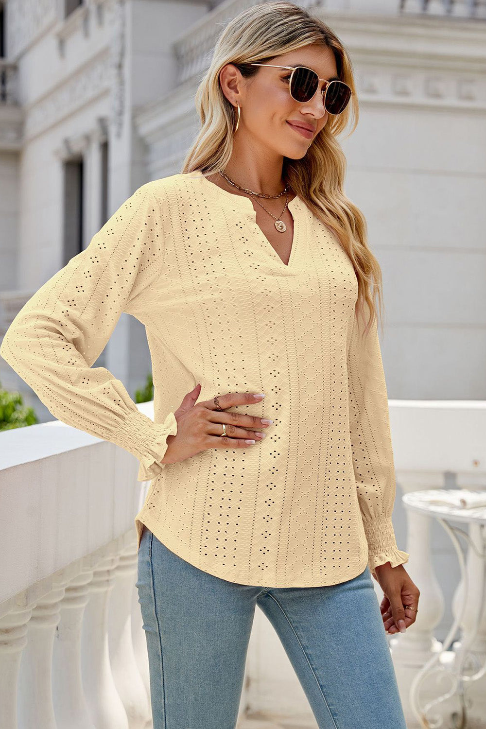 Eyelet Notched Lantern Sleeve T-Shirt-Angel Casuals