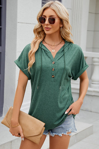 Half Button Drawstring Short Sleeve Hooded T-Shirt-Angel Casuals
