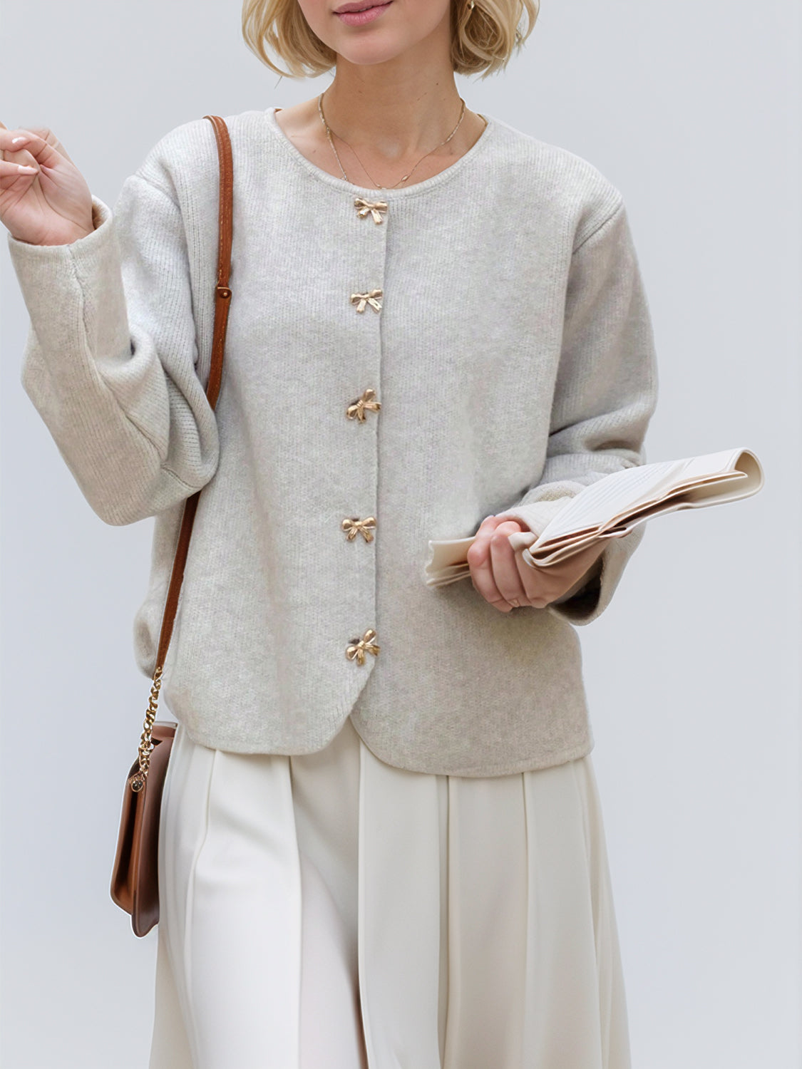 Bow Button Down Round Neck Long Sleeve Cardigan-Angel Casuals