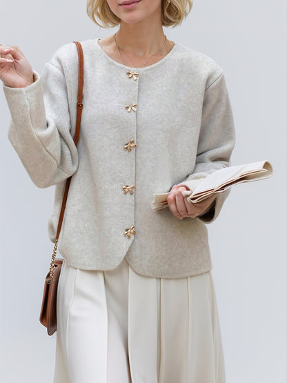 Bow Button Down Round Neck Long Sleeve Cardigan-Angel Casuals