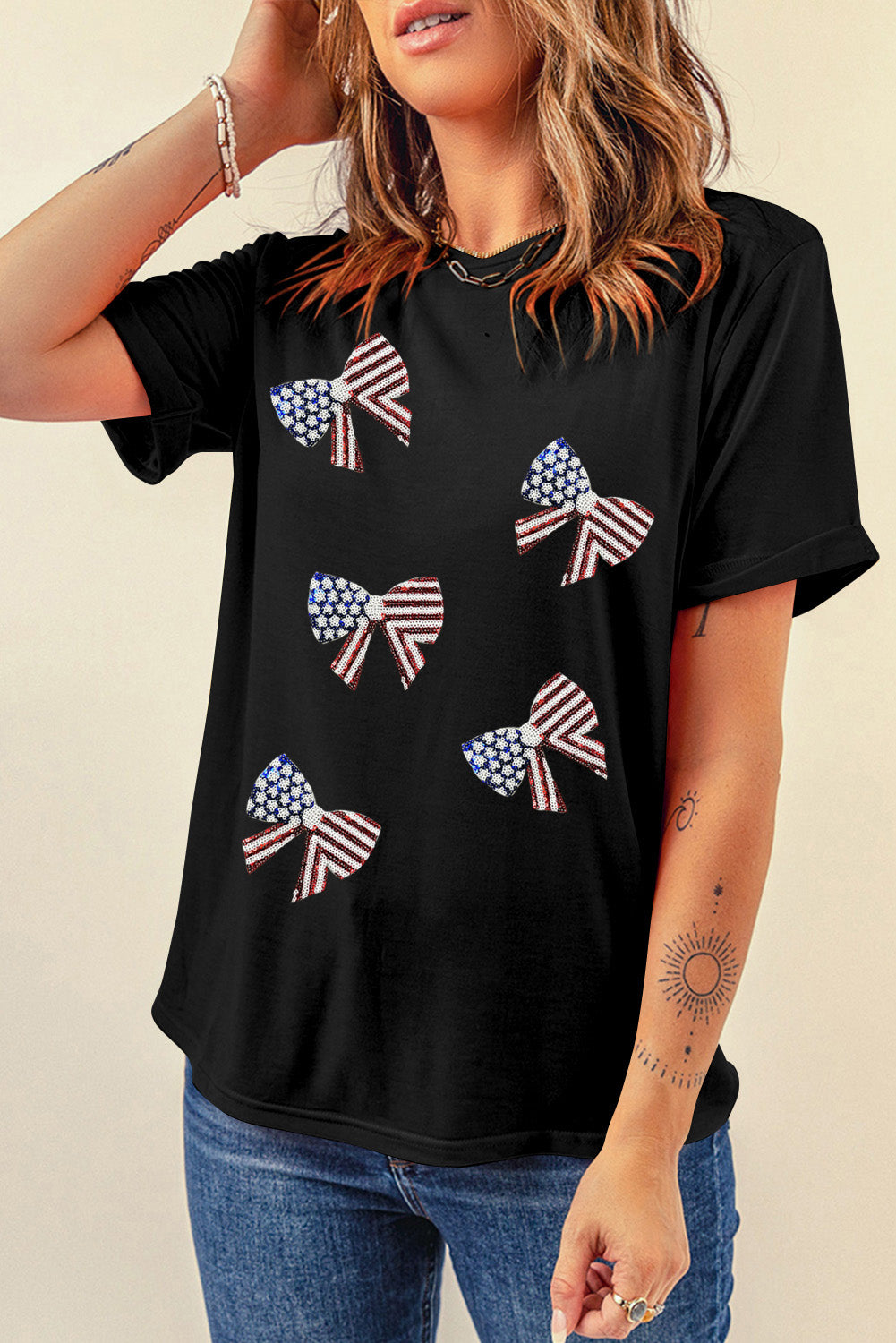 US Flag Round Neck Short Sleeve T-Shirt-Angel Casuals