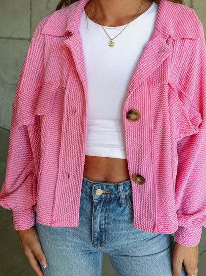 Ribbed Collared Neck Button Up Jacket-Angel Casuals