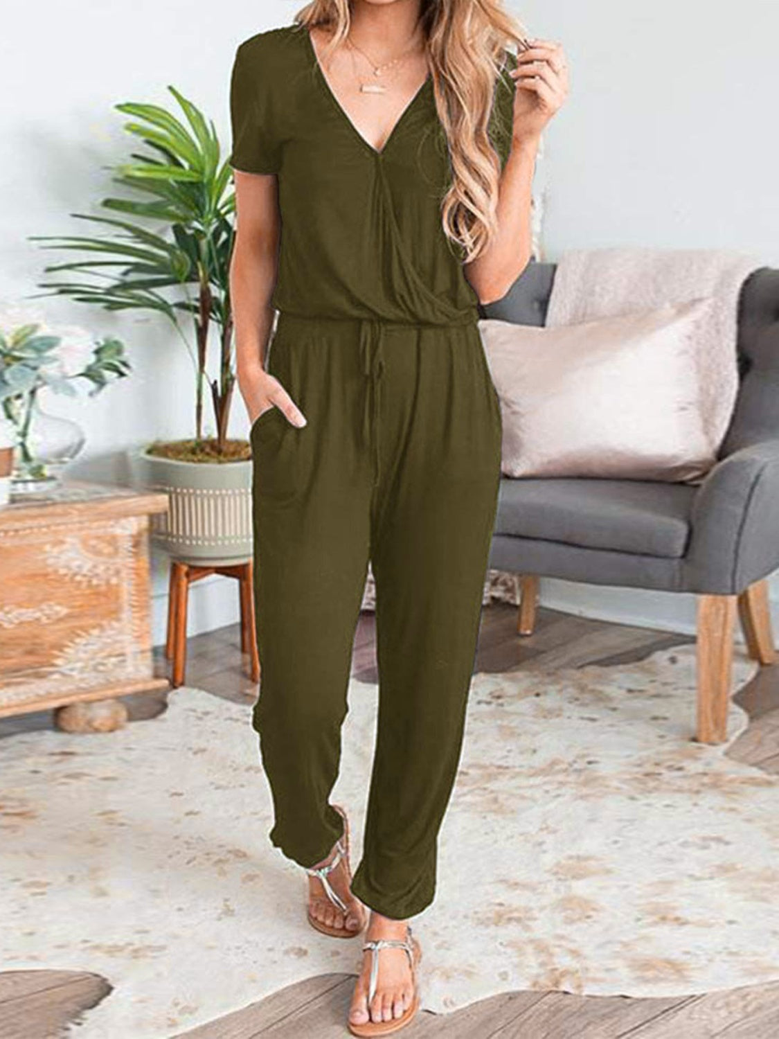 Drawstring Surplice Short Sleeve Jumpsuit-Angel Casuals