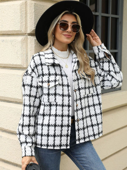 Plaid Collared Neck Long Sleeve Jacket-Angel Casuals