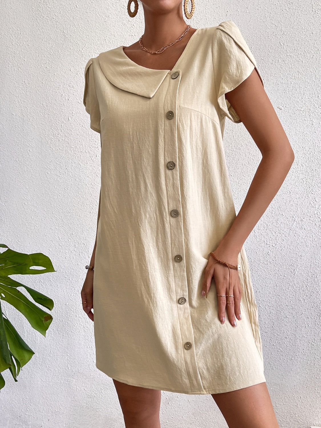 Decorative Button Asymmetrical Neck Short Sleeve Dress-Angel Casuals