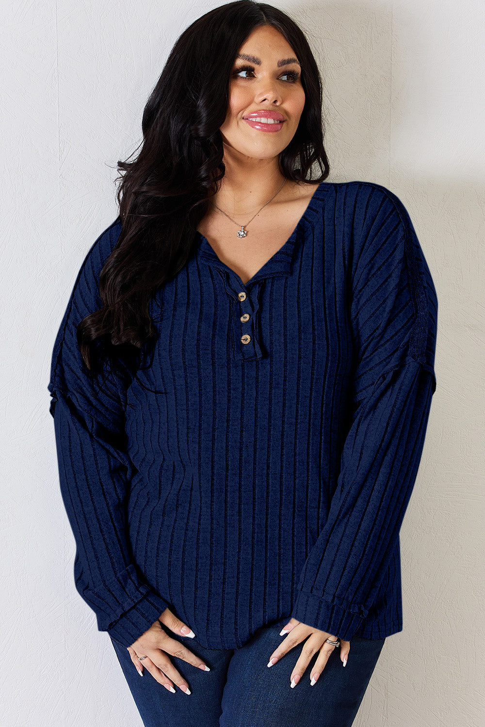 Basic Bae Full Size Ribbed Half Button Long Sleeve T-Shirt-Angel Casuals