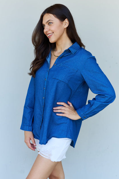 Doublju Blue Jean Baby Denim Button Down Shirt Top in Dark Blue-Angel Casuals