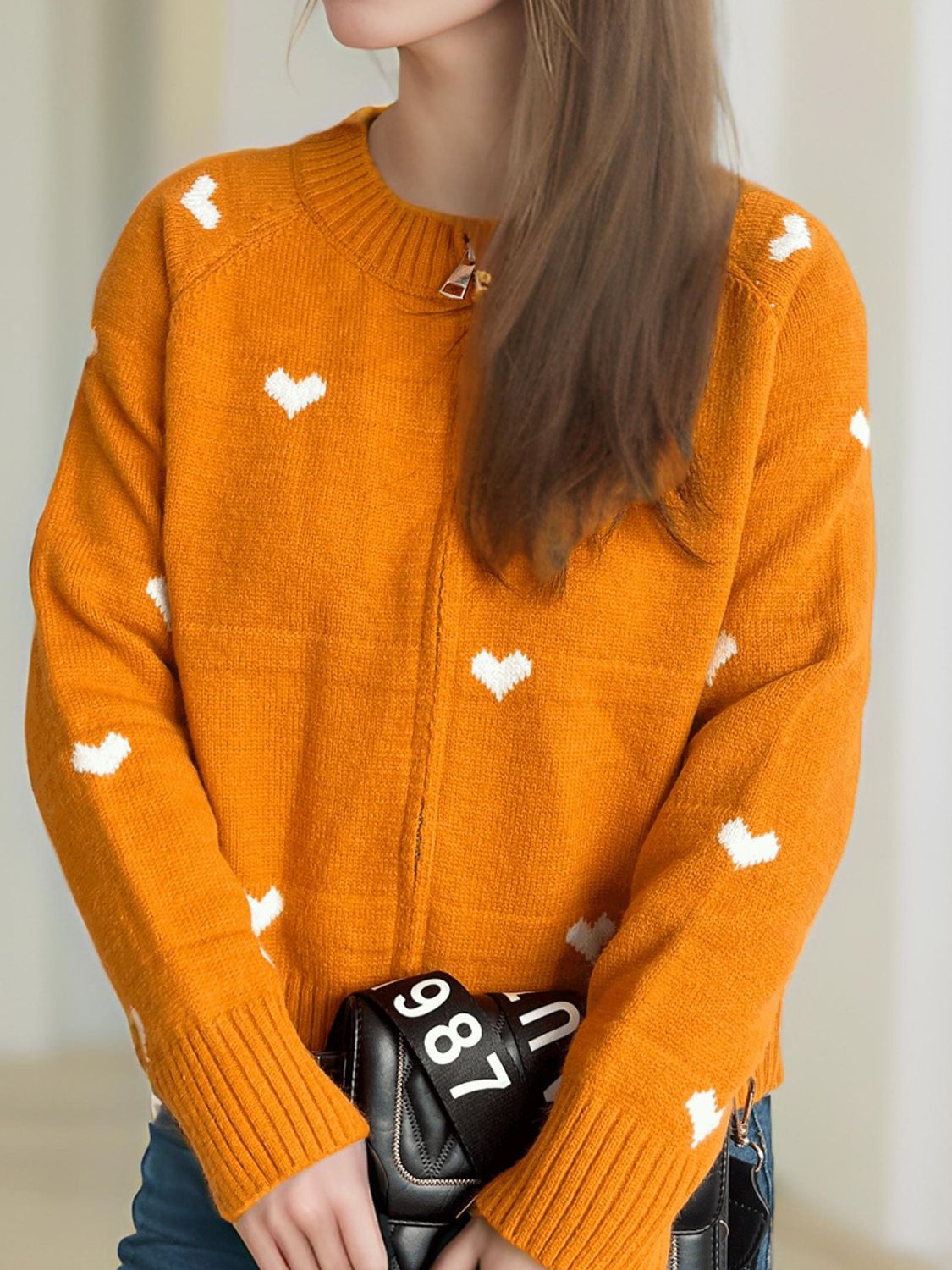 Heart Round Neck Zip Up Cardigan-Angel Casuals