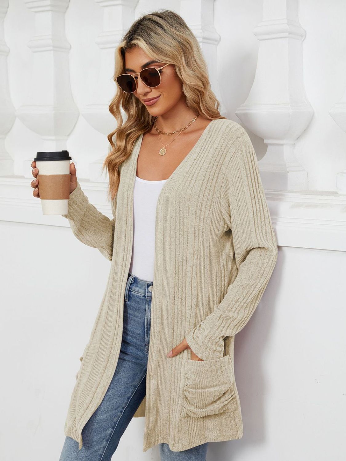 Pocketed Open Front Long Sleeve Cardigan-Angel Casuals