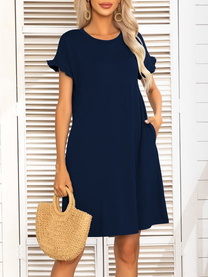 Round Neck Flounce Sleeve Dress with Pockets-Angel Casuals